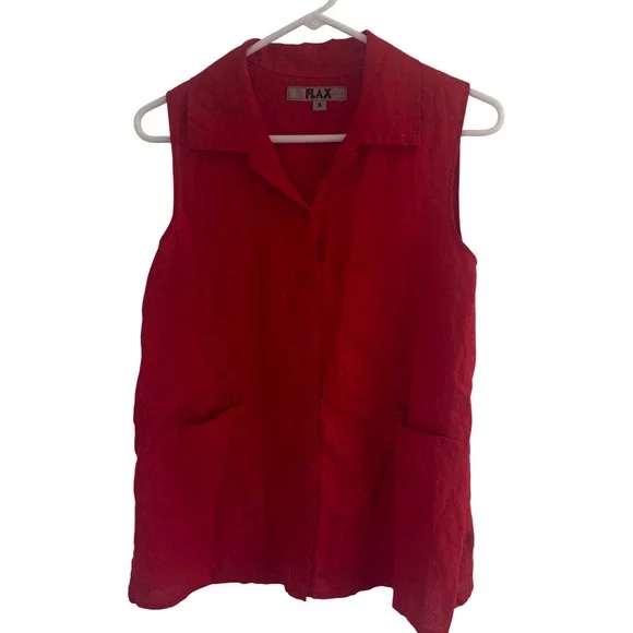 FLAX Red Linen Sleeveless Button Down Shirt Collar and Pockets Size S Preloved - Picture 2 of 9